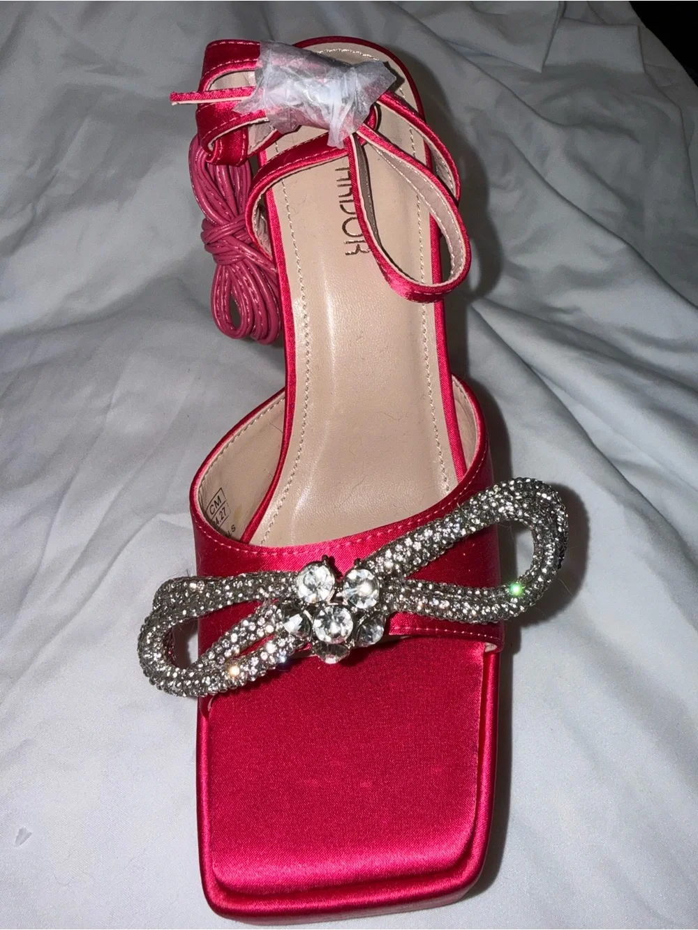 SHEIN Hot Pink Satin Platform Heeled Sandals with Crystal Bow